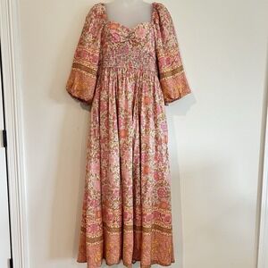In Loom Floral Babydoll Maxi Dress Sz L Balloon Puff Sleeves Ruched Pockets